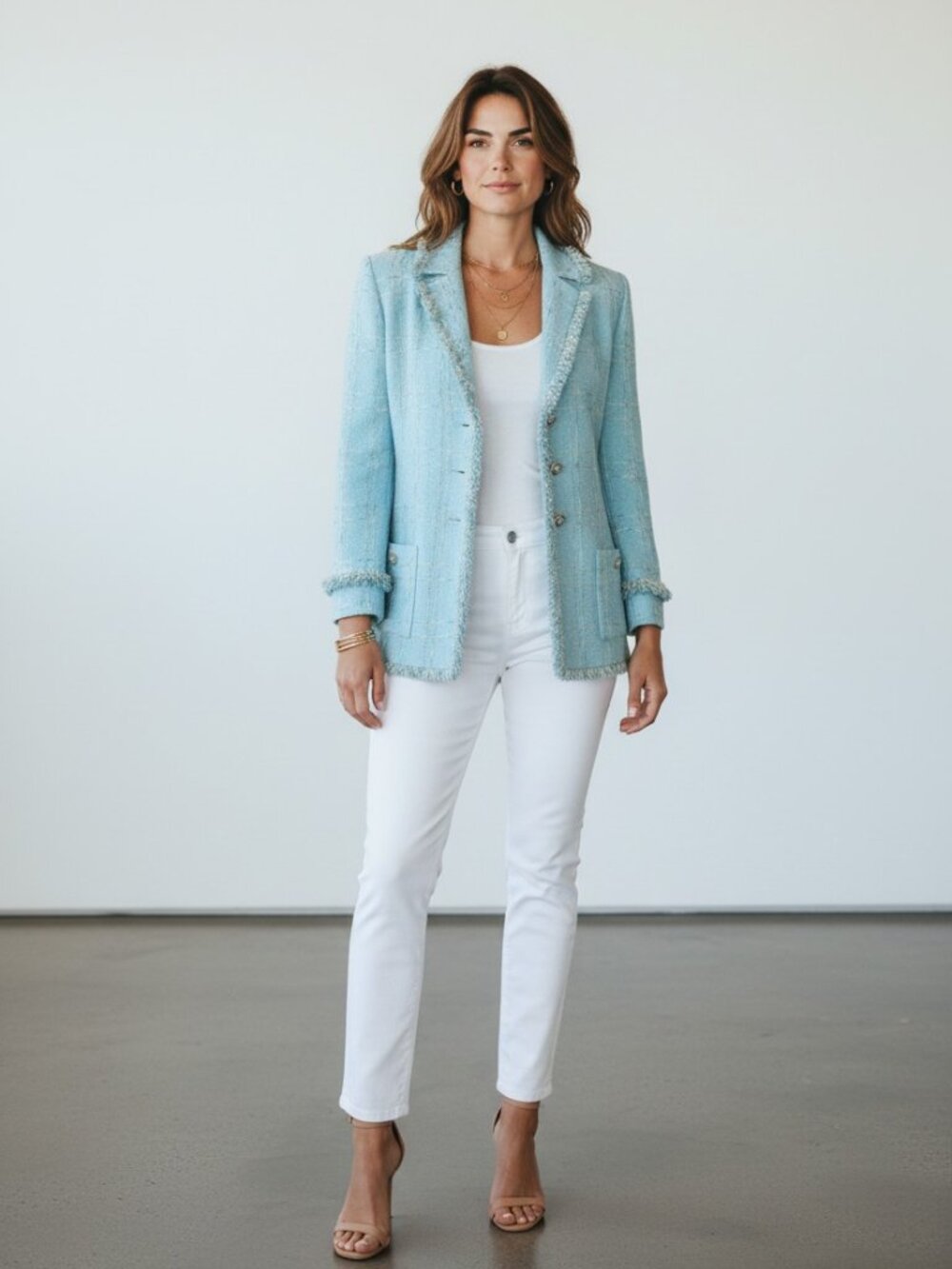 Vintage St John Collection Marie Gray Blue Knit Fringe Blazer USA Sz 2